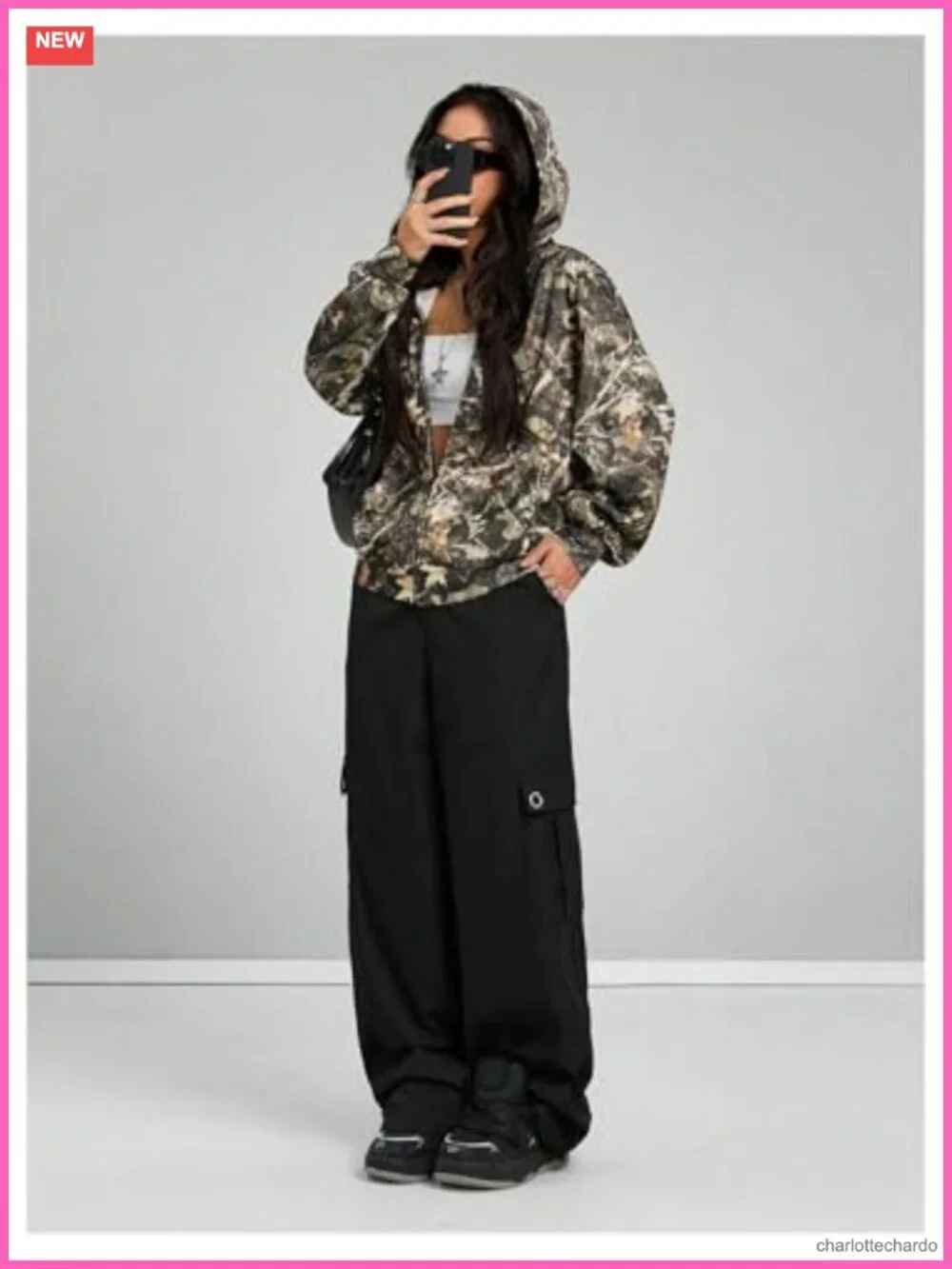 Oversized Zip Up Hoodie with Camo Print